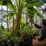 Aspect Details Best Varieties Dwarf Cavendish, Super Dwarf Cavendish (4–7 feet); Blue Java (ice cream banana, vanilla flavor, cold-tolerant) What to Avoid Full-size varieties growing 20–30 feet — will outgrow any backyard greenhouse How to Start Begin with a pup (sucker split from parent plant), not seeds or store-bought bananas Minimum Temperature 60°F — growth ceases below this; freezing temperatures cause serious damage Ideal Temperature Range 75–85°F daytime, above 60°F nighttime Humidity Requirement 50–70% — heating systems dry out air, causing leaf browning often misdiagnosed as pests Light Requirement 6–8 hours minimum, 10 hours ideal; grow lights recommended in northern latitudes during winter Fertilizer High-potassium formula (10-10-10 or 8-10-8) every 2–4 weeks in spring and summer Soil Requirements pH 5.5–7, dark and rich, well-draining but moisture-retaining; 50/50 compost and loamy soil mix Companion Planting Option Banana circle technique using comfrey, taro, and lemongrass to naturally improve soil health Plant Structure Rhizome mat with pups and suckers; each stem fruits once then dies — succession management is essential Pest Management Water jet for light infestations, neem oil for serious cases; real cause is usually environmental (humidity, drafts, root rot) Time to Fruit 9–18 months from planting under good conditions, longer if conditions are unfavorable Biggest Challenge Patience — maintaining precise temperature, humidity, and feeding schedules for over a year before any harvest